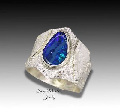 Alternate image for Australian Boulder Opal Ring, Handmade Genuine Australian Opal Ring, Unique Sterling Silver Natural Blue Opal Cocktail Ring Size 9.5