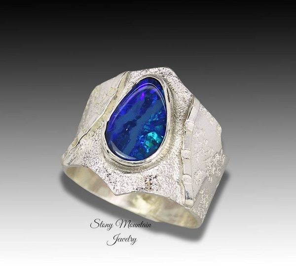 Alternate image for Australian Boulder Opal Ring, Handmade Genuine Australian Opal Ring, Unique Sterling Silver Natural Blue Opal Cocktail Ring Size 9.5