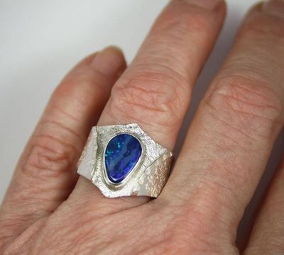 Alternate image for Australian Boulder Opal Ring, Handmade Genuine Australian Opal Ring, Unique Sterling Silver Natural Blue Opal Cocktail Ring Size 9.5