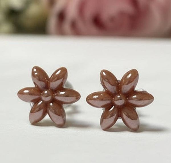 Alternate image for Terracotta Brown Flower Stud Earrings - Handmade Recycled Glass Jewelry