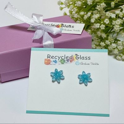 Alternate image for Baby Blue Flower Earrings | Recycled Glass Handmade Floral Studs