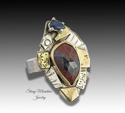 Primary image for Rose Cut Sapphire Ring, One of a Kind Contemporary Mixed Metal Sapphire Designer Ring, Handmade Blue & Red Natural Sapphire Cocktail Ring Size 7.5