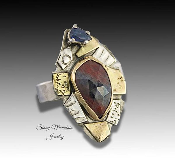 Alternate image for Rose Cut Sapphire Ring, One of a Kind Contemporary Mixed Metal Sapphire Designer Ring, Handmade Blue & Red Natural Sapphire Cocktail Ring Size 7.5