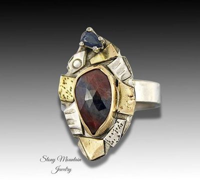 Alternate image for Rose Cut Sapphire Ring, One of a Kind Contemporary Mixed Metal Sapphire Designer Ring, Handmade Blue & Red Natural Sapphire Cocktail Ring Size 7.5