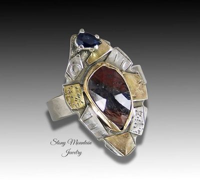 Alternate image for Rose Cut Sapphire Ring, One of a Kind Contemporary Mixed Metal Sapphire Designer Ring, Handmade Blue & Red Natural Sapphire Cocktail Ring Size 7.5