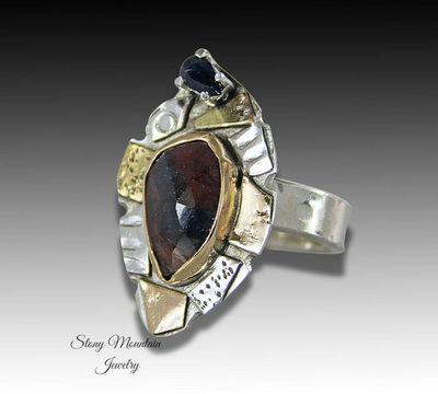 Alternate image for Rose Cut Sapphire Ring, One of a Kind Contemporary Mixed Metal Sapphire Designer Ring, Handmade Blue & Red Natural Sapphire Cocktail Ring Size 7.5