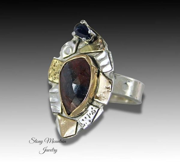 Alternate image for Rose Cut Sapphire Ring, One of a Kind Contemporary Mixed Metal Sapphire Designer Ring, Handmade Blue & Red Natural Sapphire Cocktail Ring Size 7.5