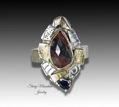 Alternate image for Rose Cut Sapphire Ring, One of a Kind Contemporary Mixed Metal Sapphire Designer Ring, Handmade Blue & Red Natural Sapphire Cocktail Ring Size 7.5