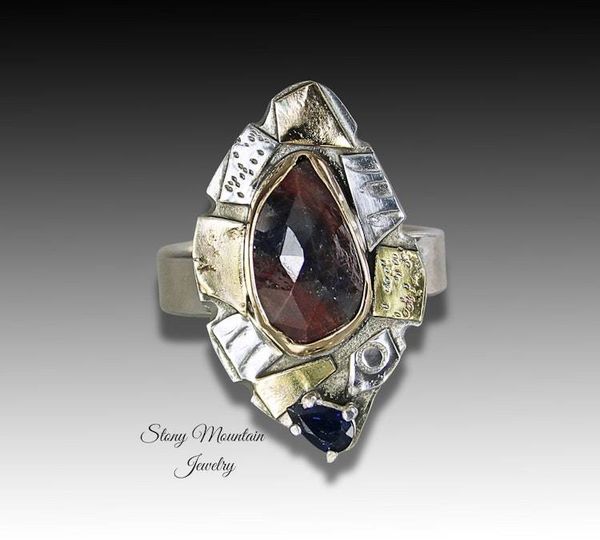 Alternate image for Rose Cut Sapphire Ring, One of a Kind Contemporary Mixed Metal Sapphire Designer Ring, Handmade Blue & Red Natural Sapphire Cocktail Ring Size 7.5