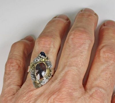 Alternate image for Rose Cut Sapphire Ring, One of a Kind Contemporary Mixed Metal Sapphire Designer Ring, Handmade Blue & Red Natural Sapphire Cocktail Ring Size 7.5