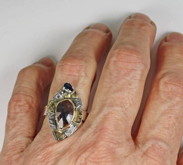 Alternate image for Rose Cut Sapphire Ring, One of a Kind Contemporary Mixed Metal Sapphire Designer Ring, Handmade Blue & Red Natural Sapphire Cocktail Ring Size 7.5