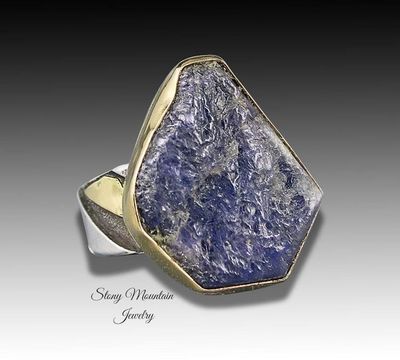 Primary image for Raw Blue Sapphire Ring, One of a Kind Contemporary Sapphire Cocktail Ring, Unique Mixed Metal Wide Band Designer Ring Size 7.5