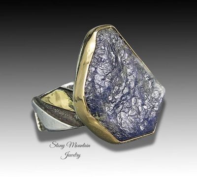 Alternate image for Raw Blue Sapphire Ring, One of a Kind Contemporary Sapphire Cocktail Ring, Unique Mixed Metal Wide Band Designer Ring Size 7.5