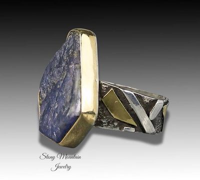 Alternate image for Raw Blue Sapphire Ring, One of a Kind Contemporary Sapphire Cocktail Ring, Unique Mixed Metal Wide Band Designer Ring Size 7.5