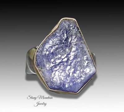 Alternate image for Raw Blue Sapphire Ring, One of a Kind Contemporary Sapphire Cocktail Ring, Unique Mixed Metal Wide Band Designer Ring Size 7.5