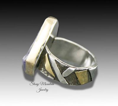 Alternate image for Raw Blue Sapphire Ring, One of a Kind Contemporary Sapphire Cocktail Ring, Unique Mixed Metal Wide Band Designer Ring Size 7.5