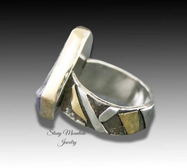 Alternate image for Raw Blue Sapphire Ring, One of a Kind Contemporary Sapphire Cocktail Ring, Unique Mixed Metal Wide Band Designer Ring Size 7.5
