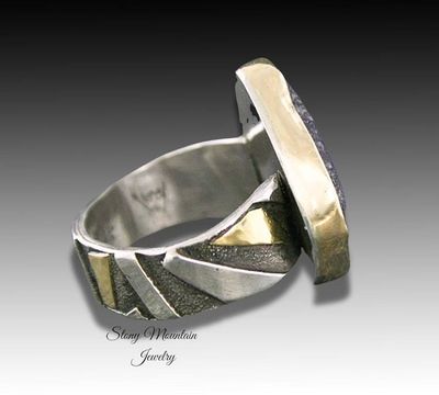 Alternate image for Raw Blue Sapphire Ring, One of a Kind Contemporary Sapphire Cocktail Ring, Unique Mixed Metal Wide Band Designer Ring Size 7.5