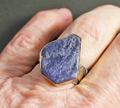 Alternate image for Raw Blue Sapphire Ring, One of a Kind Contemporary Sapphire Cocktail Ring, Unique Mixed Metal Wide Band Designer Ring Size 7.5