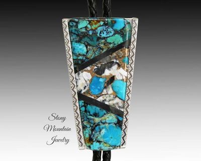 Alternate image for Turquoise Inlay Bolo Tie in Sterling Silver with White Buffalo Matrix & Black Jade, Custom Designer Wedding Bolo Tie, Alternative Necktie