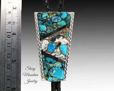 Alternate image for Turquoise Inlay Bolo Tie in Sterling Silver with White Buffalo Matrix & Black Jade, Custom Designer Wedding Bolo Tie, Alternative Necktie