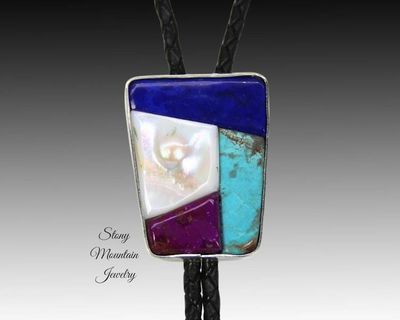 Alternate image for Handmade Inlay Bolo Tie, with Turquoise, Sugilite, Lapis and Tennessee River Pearl, Custom Designer Bolo Tie, One of a Kind Wedding Bolo Tie
