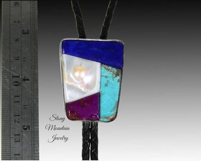 Alternate image for Handmade Inlay Bolo Tie, with Turquoise, Sugilite, Lapis and Tennessee River Pearl, Custom Designer Bolo Tie, One of a Kind Wedding Bolo Tie