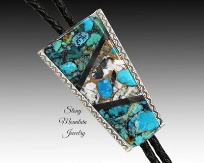 Alternate image for Turquoise Inlay Bolo Tie in Sterling Silver with White Buffalo Matrix & Black Jade, Custom Designer Wedding Bolo Tie, Alternative Necktie