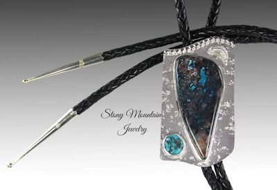Alternate image for Unique Custom Chrysocolla Turquoise Wedding Bolo Tie, Handcrafted Sterling Silver Bolo Ties for Men & Women, Western Bolo Tie
