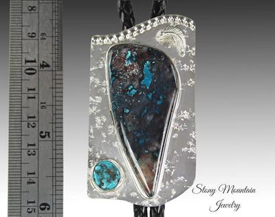 Alternate image for Unique Custom Chrysocolla Turquoise Wedding Bolo Tie, Handcrafted Sterling Silver Bolo Ties for Men & Women, Western Bolo Tie