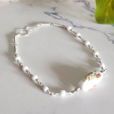 Primary image for Porcelain Flower Beaded Sterling Silver Bracelet