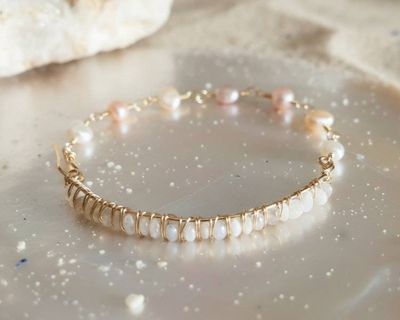 Alternate image for 14k Gold Wire Wrapped Moonstone and Pearl Bracelet