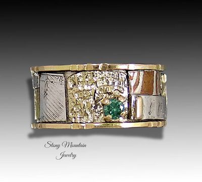 Alternate image for One of a Kind Bespoke Green Diamond Ring, Handcrafted Sculptural Mixed Metal Wedding Ring Size 8