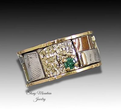 Alternate image for One of a Kind Bespoke Green Diamond Ring, Handcrafted Sculptural Mixed Metal Wedding Ring Size 8