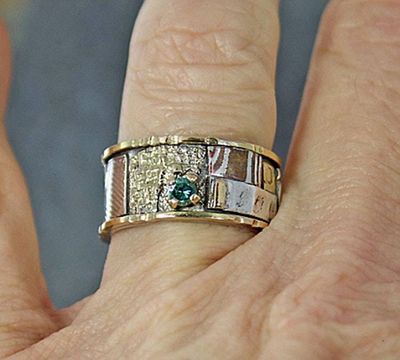 Alternate image for One of a Kind Bespoke Green Diamond Ring, Handcrafted Sculptural Mixed Metal Wedding Ring Size 8