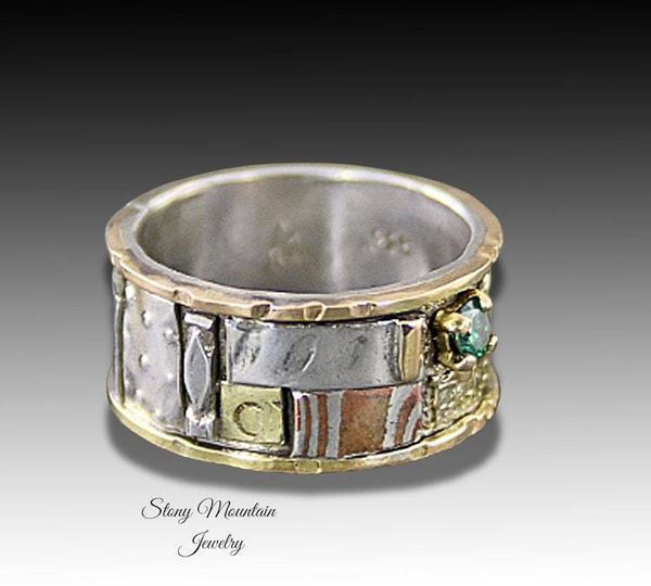 Alternate image for One of a Kind Bespoke Green Diamond Ring, Handcrafted Sculptural Mixed Metal Wedding Ring Size 8
