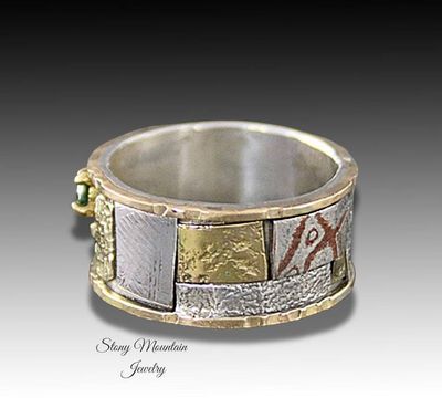 Alternate image for One of a Kind Bespoke Green Diamond Ring, Handcrafted Sculptural Mixed Metal Wedding Ring Size 8
