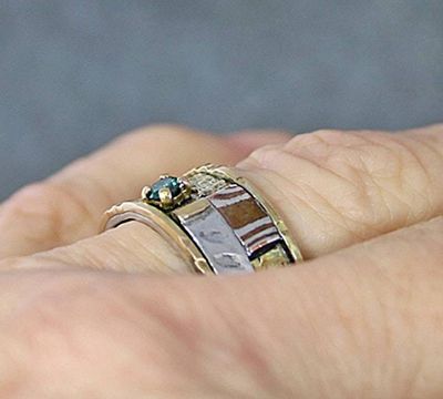 Alternate image for One of a Kind Bespoke Green Diamond Ring, Handcrafted Sculptural Mixed Metal Wedding Ring Size 8