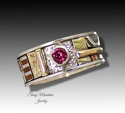 Alternate image for Bespoke One of a Kind Rhodolite Garnet Ring, Handcrafted Sculptural Mixed Metal Wedding or Engagement Ring Size 7.5