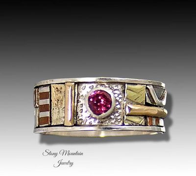 Alternate image for Bespoke One of a Kind Rhodolite Garnet Ring, Handcrafted Sculptural Mixed Metal Wedding or Engagement Ring Size 7.5