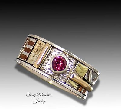 Alternate image for Bespoke One of a Kind Rhodolite Garnet Ring, Handcrafted Sculptural Mixed Metal Wedding or Engagement Ring Size 7.5