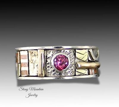 Alternate image for Bespoke One of a Kind Rhodolite Garnet Ring, Handcrafted Sculptural Mixed Metal Wedding or Engagement Ring Size 7.5