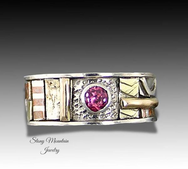 Alternate image for Bespoke One of a Kind Rhodolite Garnet Ring, Handcrafted Sculptural Mixed Metal Wedding or Engagement Ring Size 7.5
