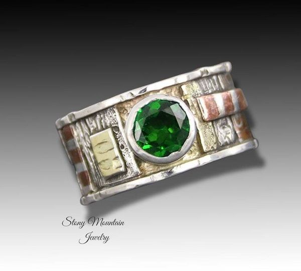 Alternate image for Unique Bespoke Chrome Diopside Ring, One of a Kind Scupltural Handcrafted Mixed Metal Statement Ring