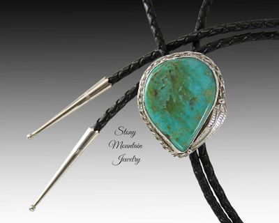 Alternate image for Turquoise Bolo Tie, Unique Blue Horse Turquoise Custom Wedding Bolo Tie, Handcrafted Sterling Silver Western Bolo Tie for Men & Women