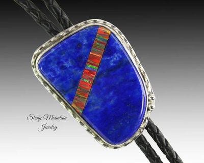 Alternate image for Custom Inlay Bolo Tie, Designer Bolo Tie Lapis Lazuli & Bello Opal, One of a Kind Wedding Bolo Tie, Fathers Day Gift, Alternative Necktie