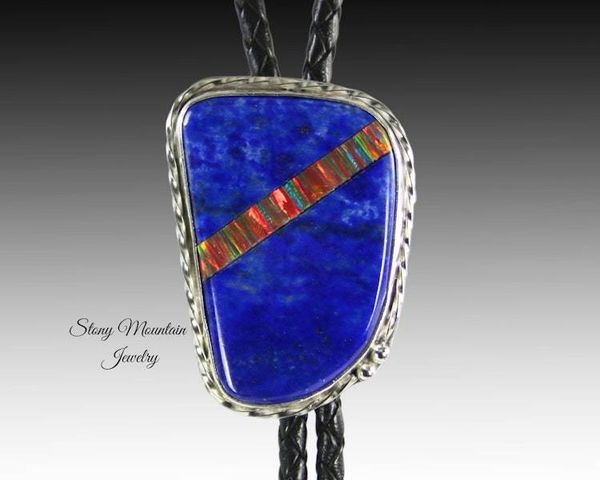 Alternate image for Custom Inlay Bolo Tie, Designer Bolo Tie Lapis Lazuli & Bello Opal, One of a Kind Wedding Bolo Tie, Fathers Day Gift, Alternative Necktie