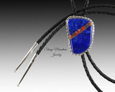 Alternate image for Custom Inlay Bolo Tie, Designer Bolo Tie Lapis Lazuli & Bello Opal, One of a Kind Wedding Bolo Tie, Fathers Day Gift, Alternative Necktie
