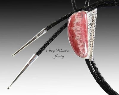 Alternate image for Rhodochrosite Bolo Tie, Sterling Silver Bolo Ties for Men or Women, Handcrafted Wedding Bolo Tie, Unique Stone Bolo Tie, Western Bolo Tie