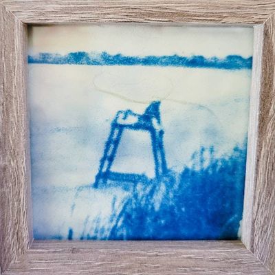 Alternate image for Framed Ocean Cyanotype Art with Lifeguard Chair - Handcrafted Blue Coastal Wall Decor